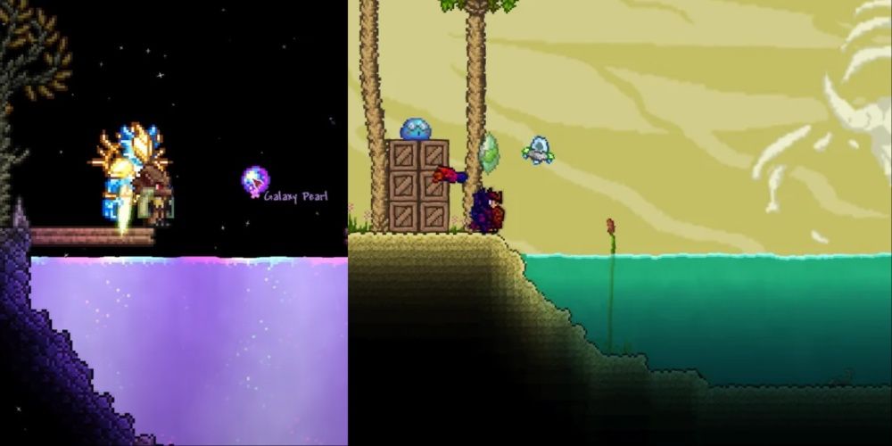 Terraria Player Receiving Galaxy Pearl From Shimmer And Player Fishing In Oasis In The Desert