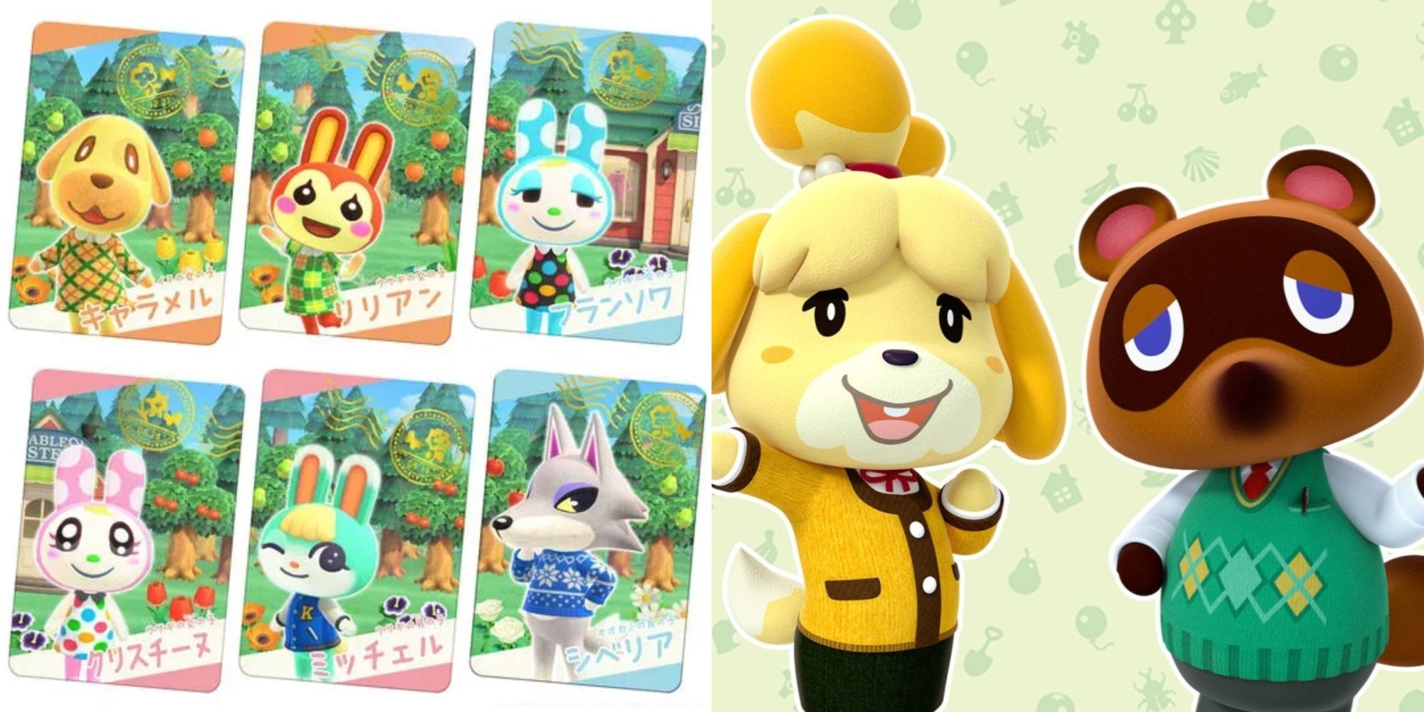 isabelle and tom nook next to some animal crossing trading cards