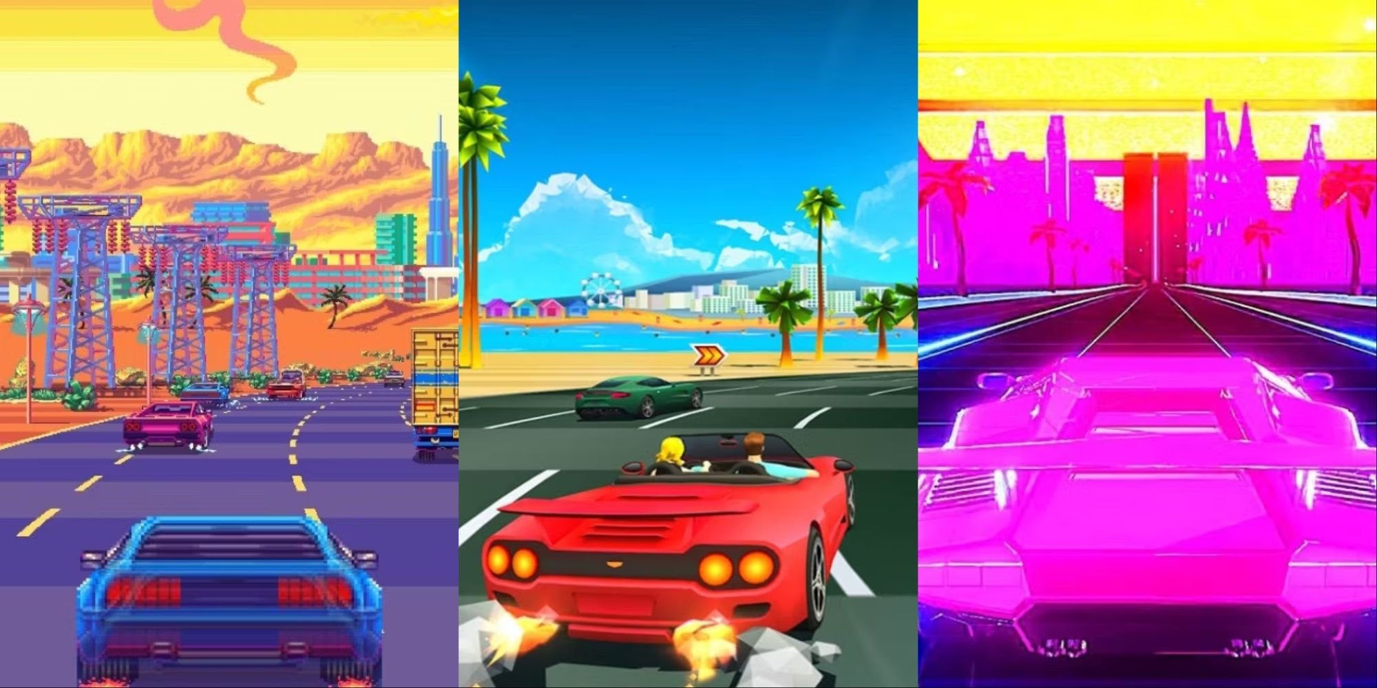 A collage showing gameplay screenshots of 80s Overdrive, Horizon Chase Turbo, and Music Racer Switch.