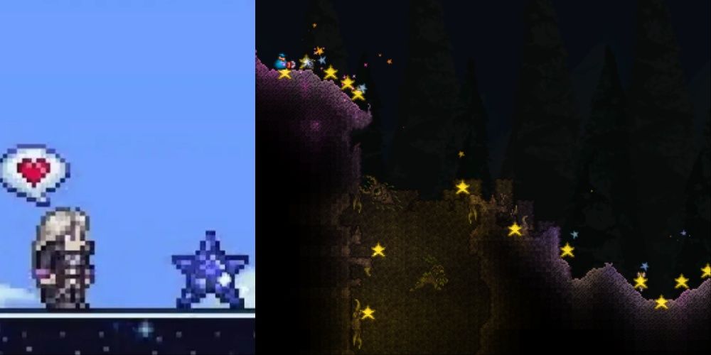 Terraria Player Standing Beside A Mana Crystal And Fallen Stars In The Corruption