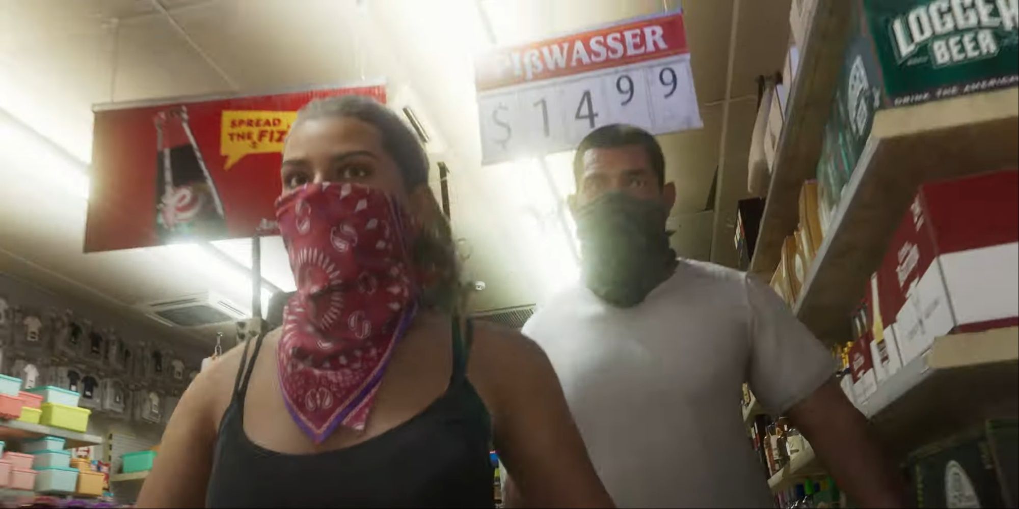 Lucia wearing a red bandana and walking in front of her partner down an aisle with lots of notable beer brand products from the GTA series.