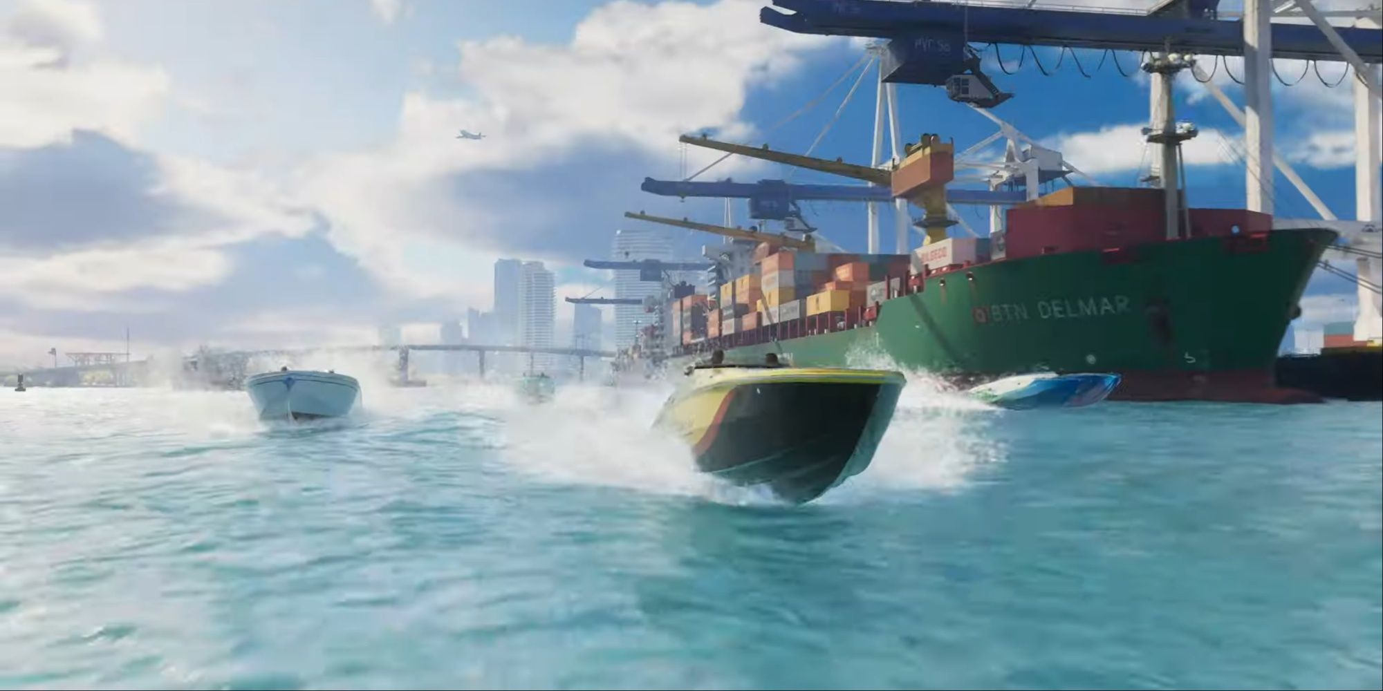 A boat race showing off the new boat designs and water physics, happening near a large cargo ship at sea.