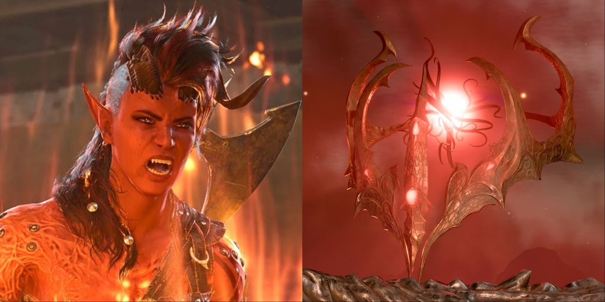 Split image showing a raging Karlach and the Crown of Karsus in baldur's gate 3