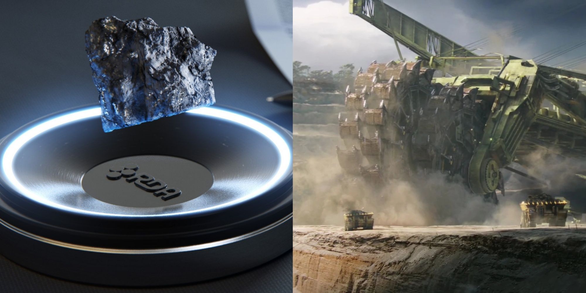 A collage showing Unobtanium Ore And An RDA Drilling Platform in Avatar.