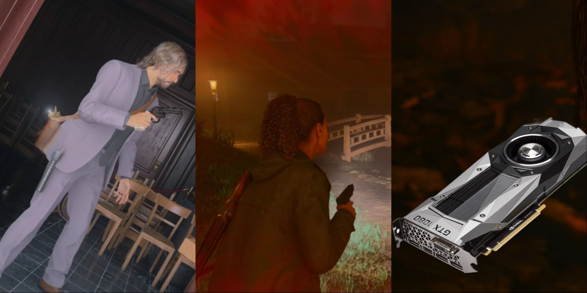 Three-image collage of Alan in a purple suit and black dress shirt outfit, Saga with a bleed effect around her, and a 1080 graphics card in the orange Cauldron Lake environment.