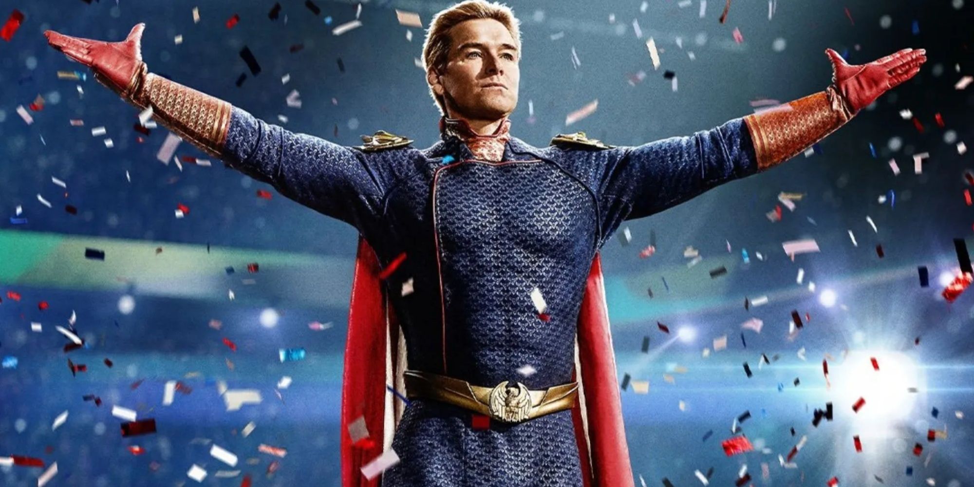 homelander with his arms outstretched being showered with confetti