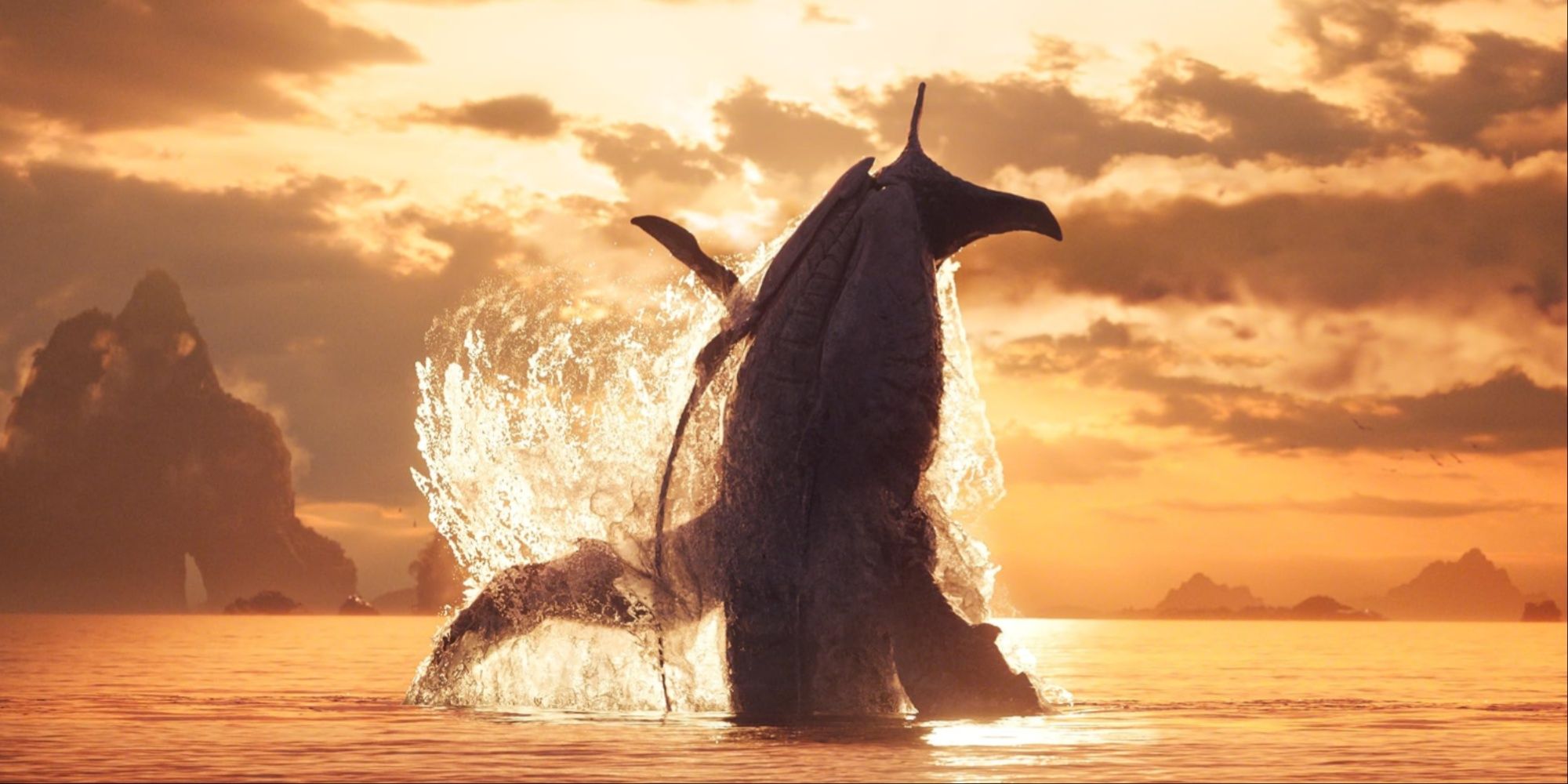 A Tulkun emerging from the ocean with a splash as the sun sets behind the whale.