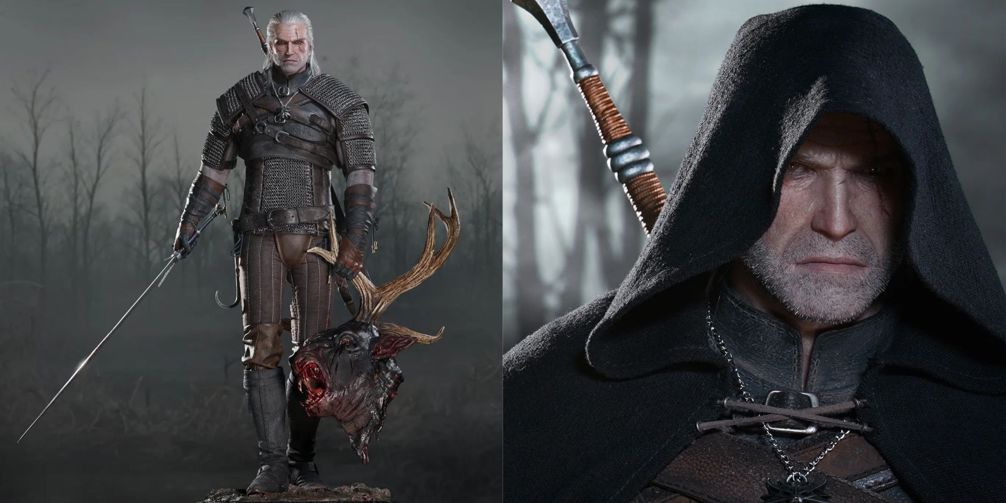 the witcher 3 geralt statue including close up with hood on