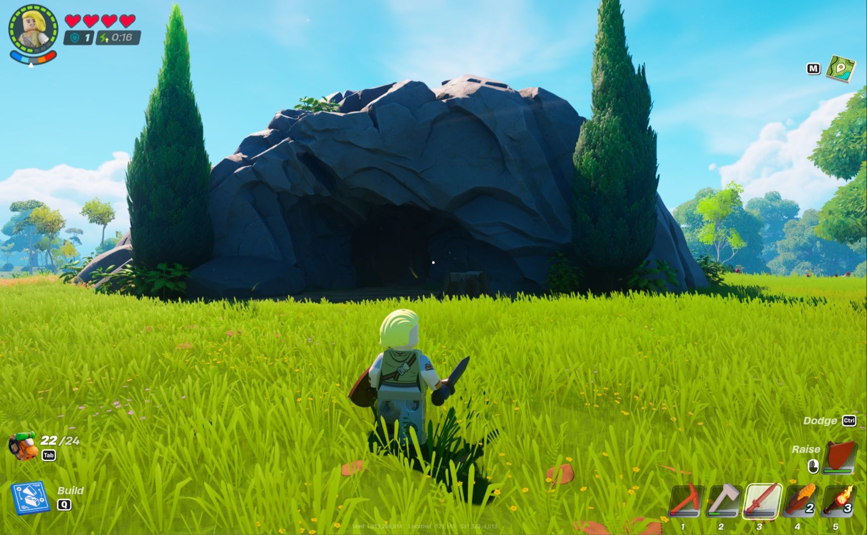 A default character approaching one of the caves in the forest biome in LEGO Fortnite.