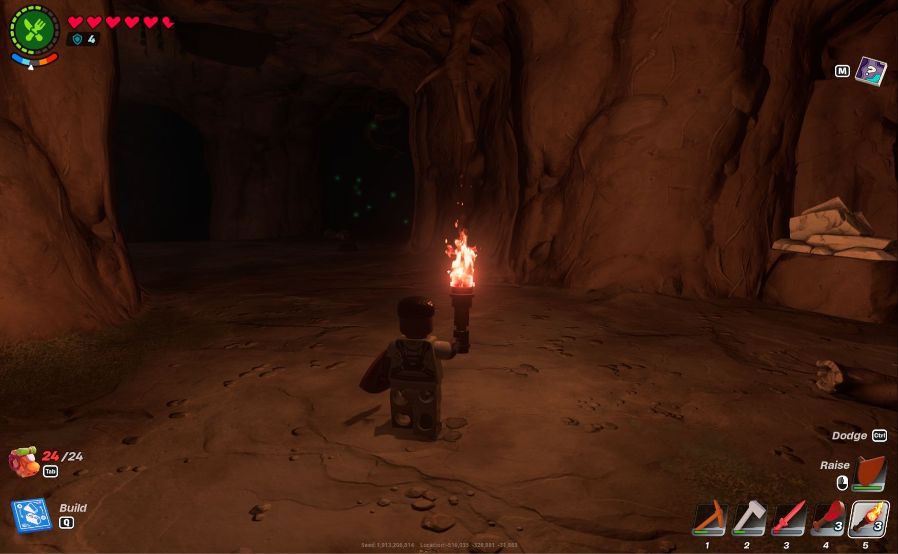 A default character exploring a cave with a torch in hand in LEGO Fortnite.