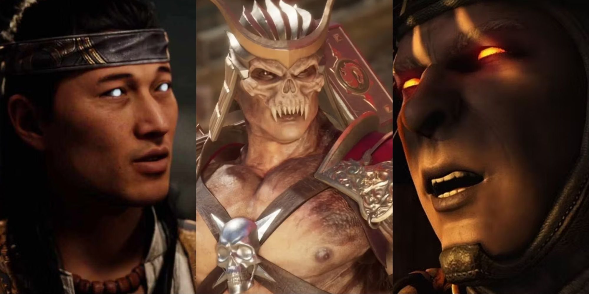 A collage showing the faces of Liu Kang, Shao Kahn, and Raiden.
