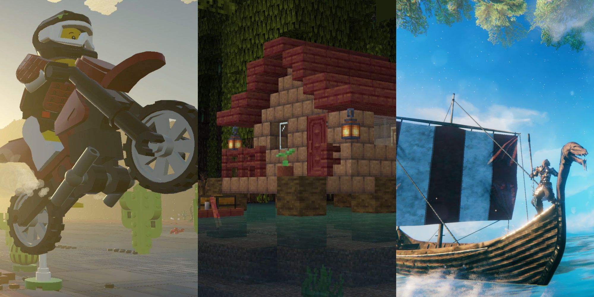 A split image showing Lego Worlds, Minecraft and Valheim.