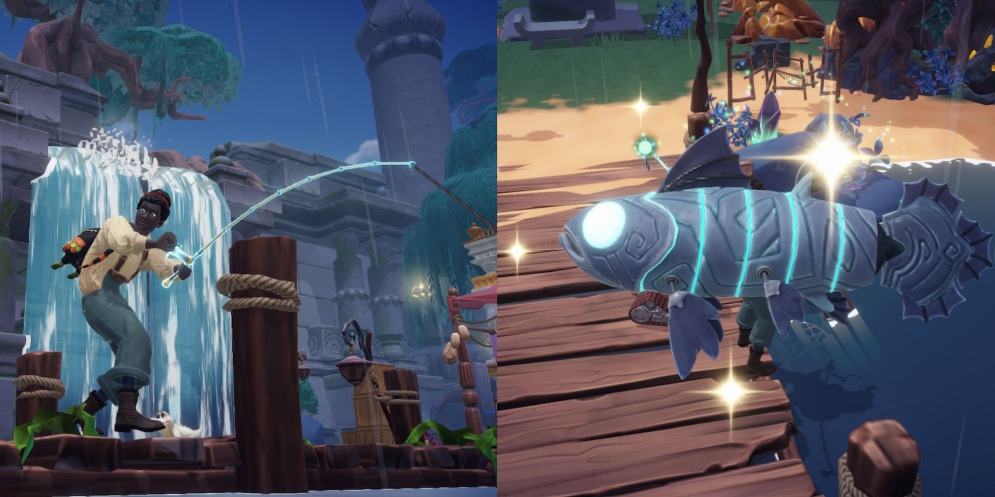 Split image featuring a player character with an elixir on their rod in the middle of pulling a fish, and a Robot Fish sparkling after being caught in Disney Dreamlight Valley. 