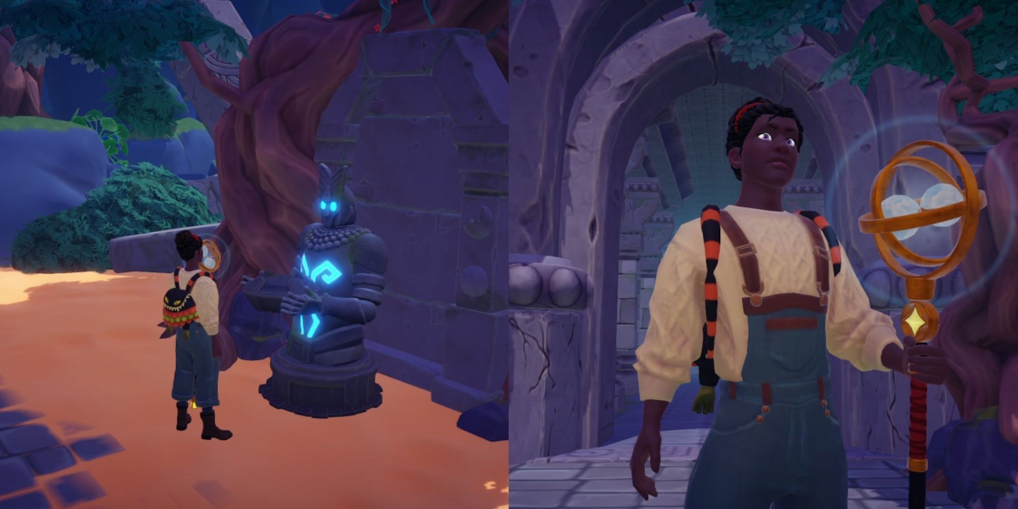 Split image featuring a player character standing in front of the lit Statue of Time and a player character posing with the Royal Hourglass in Disney Dreamlight Valley.