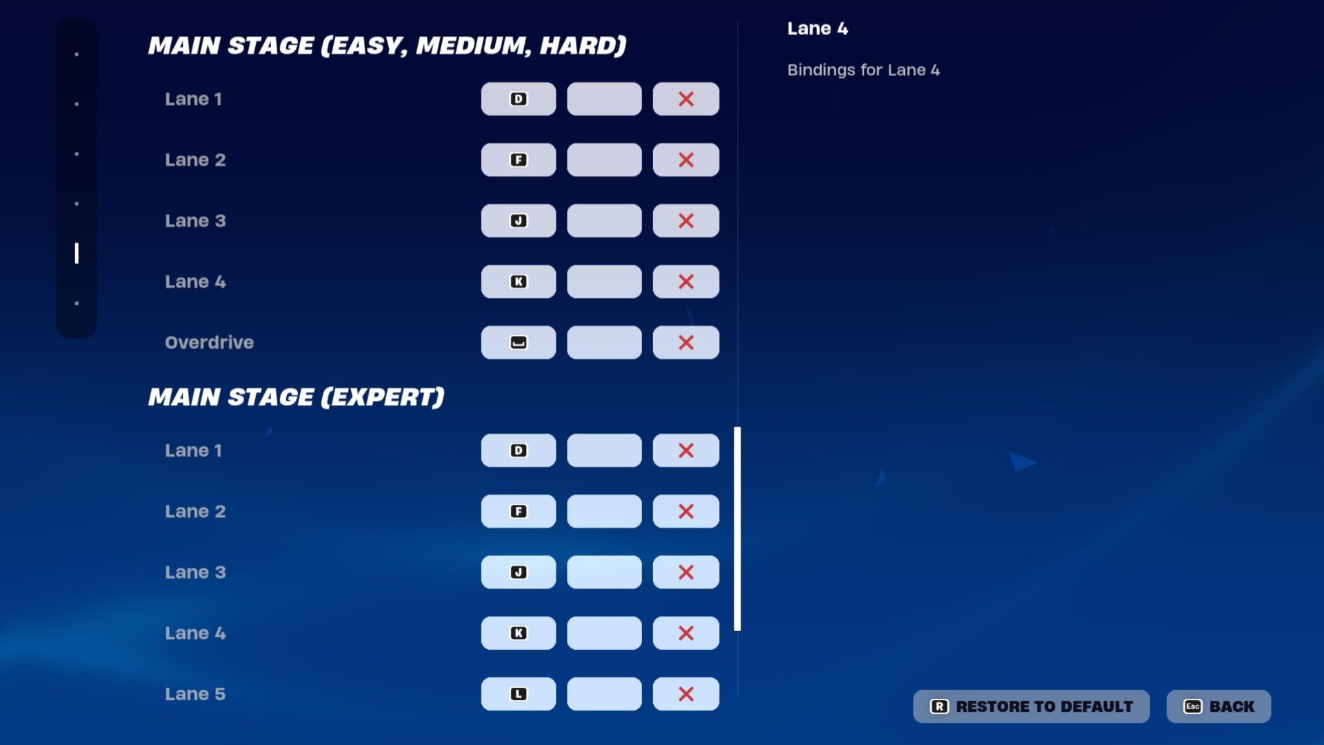 The default button layouts for both Main Stage options in Fortnite Festival.