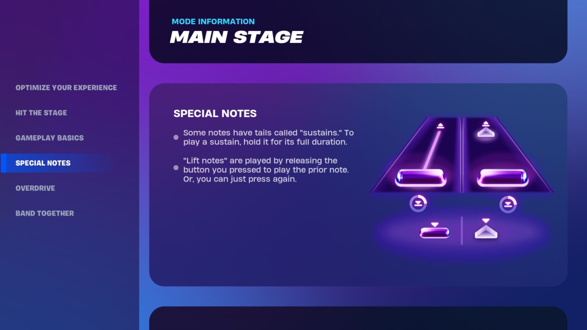 An explanation on how to play sustain and lift notes in Fortnite Festival.