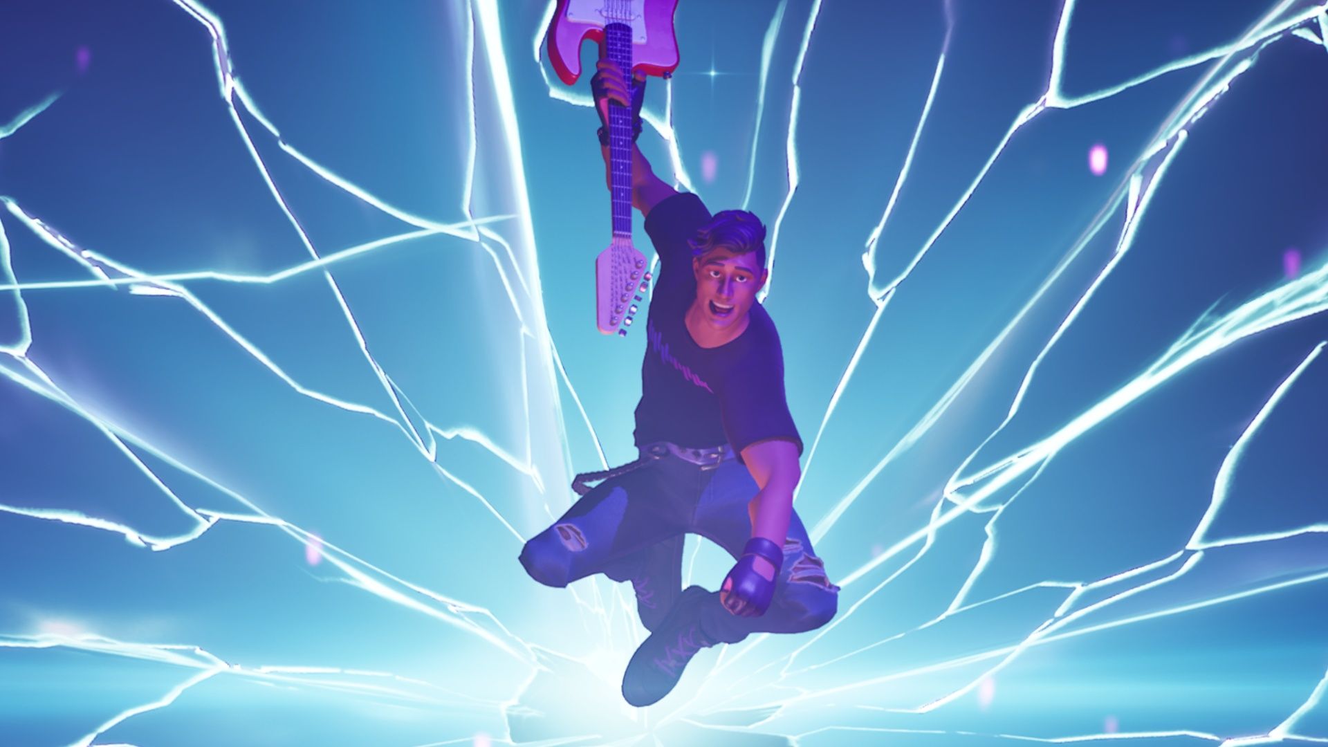 One player hopping into the match as the guitarist in Fortnite Festival.