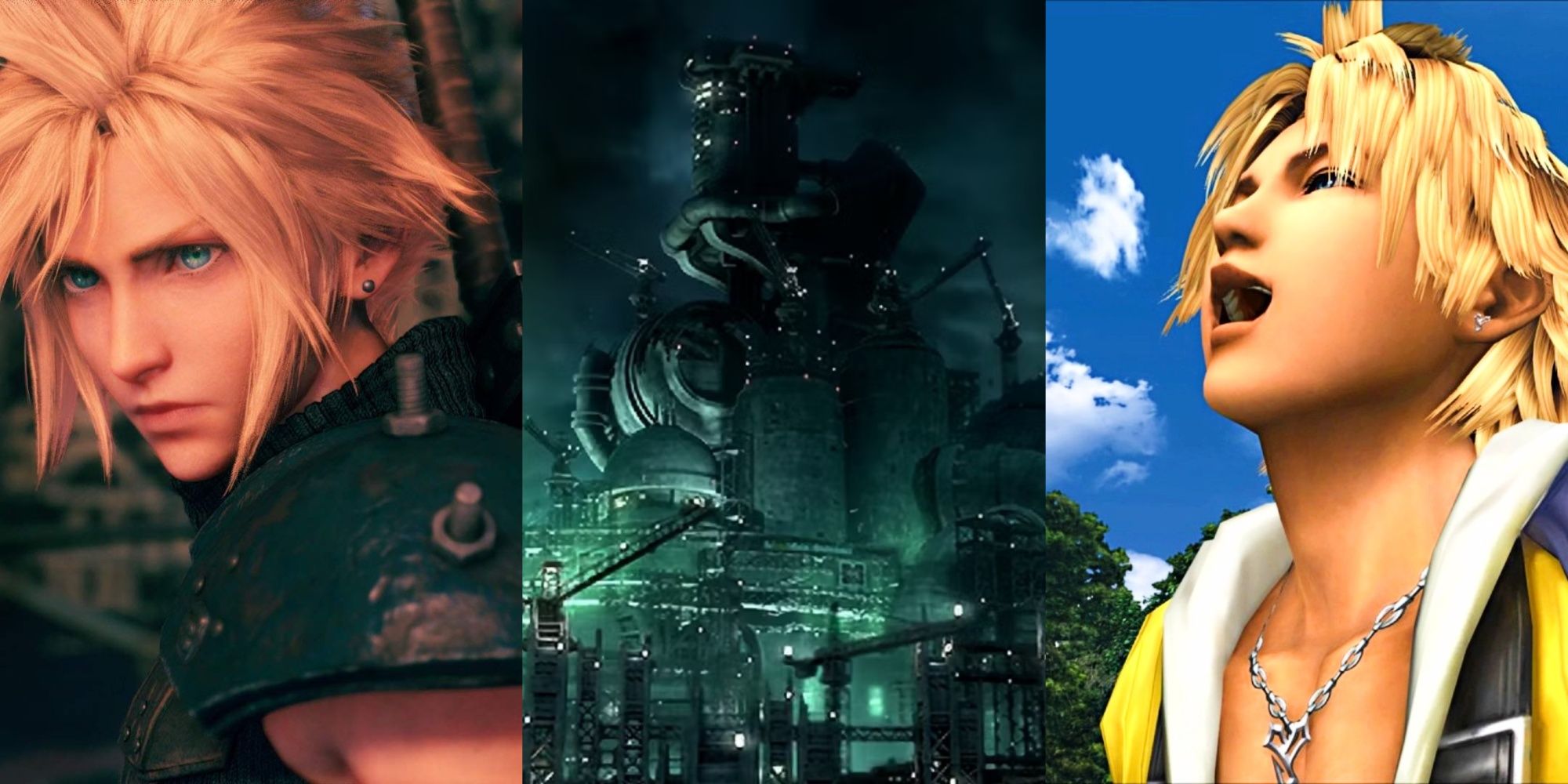 Final Fantasy 7 Remake Cloud looking forward, Midgar as seen in Crisis Core, and Tidus laughing in Final Fantasy 10