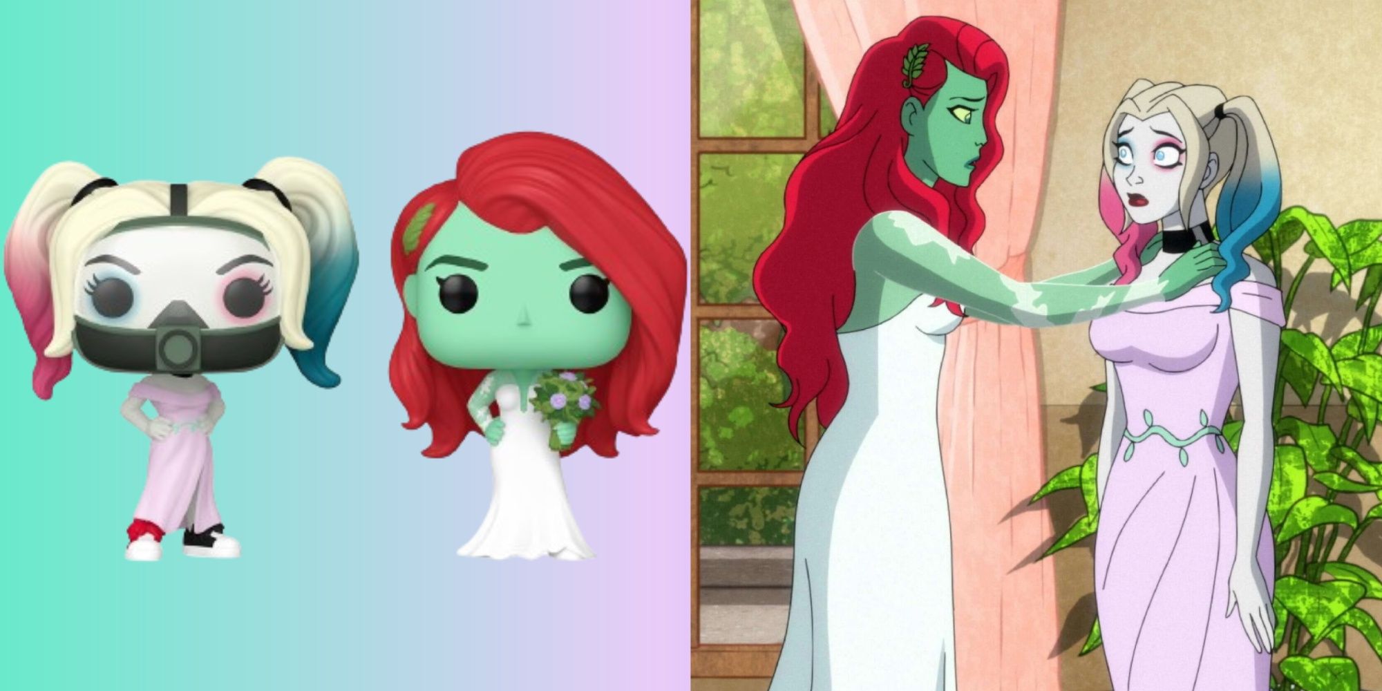 harley quinn and poison ivy funko pops, and harley quinn and poison ivy in the animated show