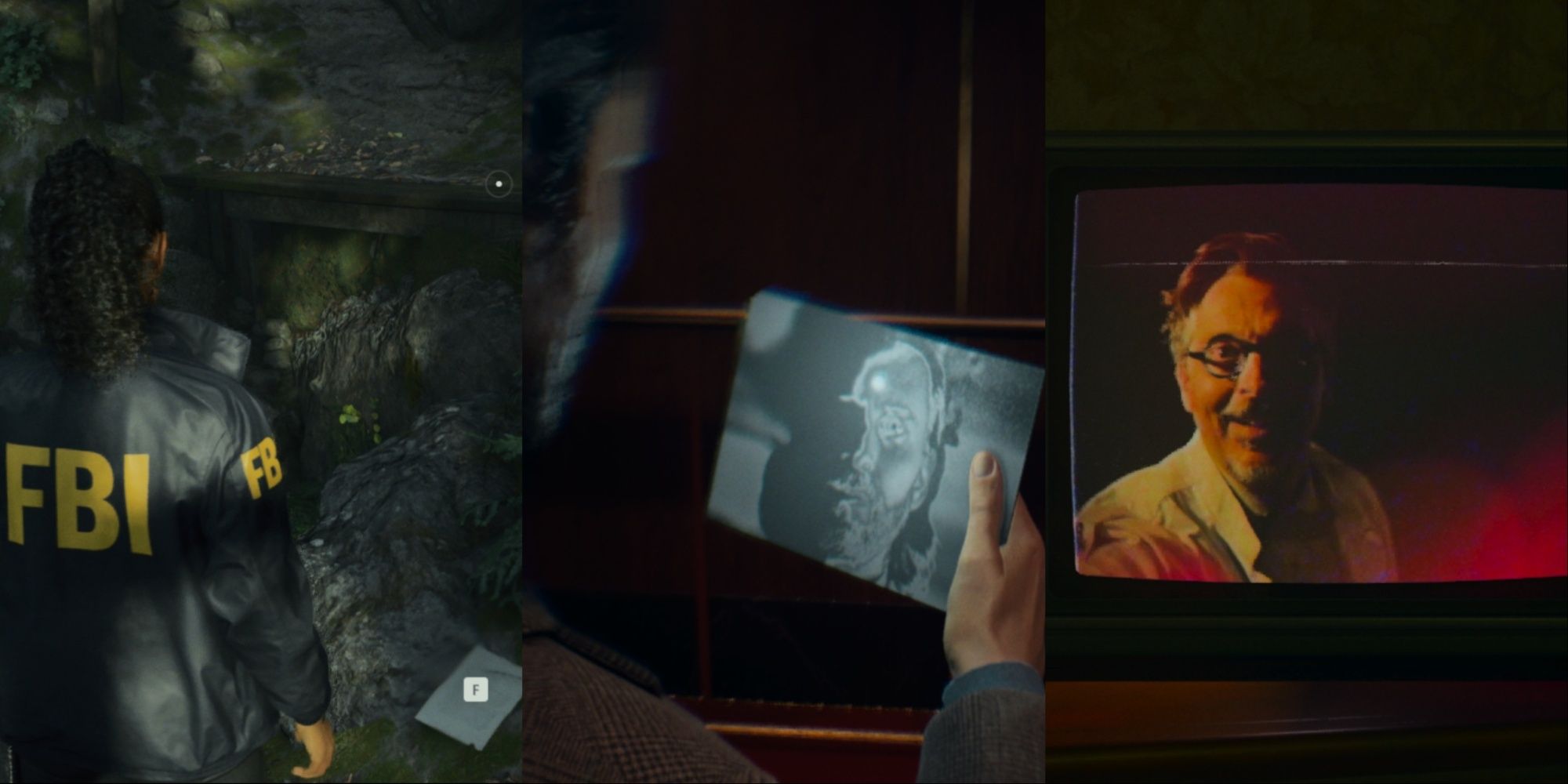 Drei-Bilder-Collage von Saga, wie er im Wald ein neues Manuskript betrachtet, Alan, der ein Foto von Scratch betrachtet, der sich mit der Lichtkugel von ihm auflöst, und Dr. Casper Darling auf einem rötlichen Fernsehbildschirm im Oceanview Hotel. 