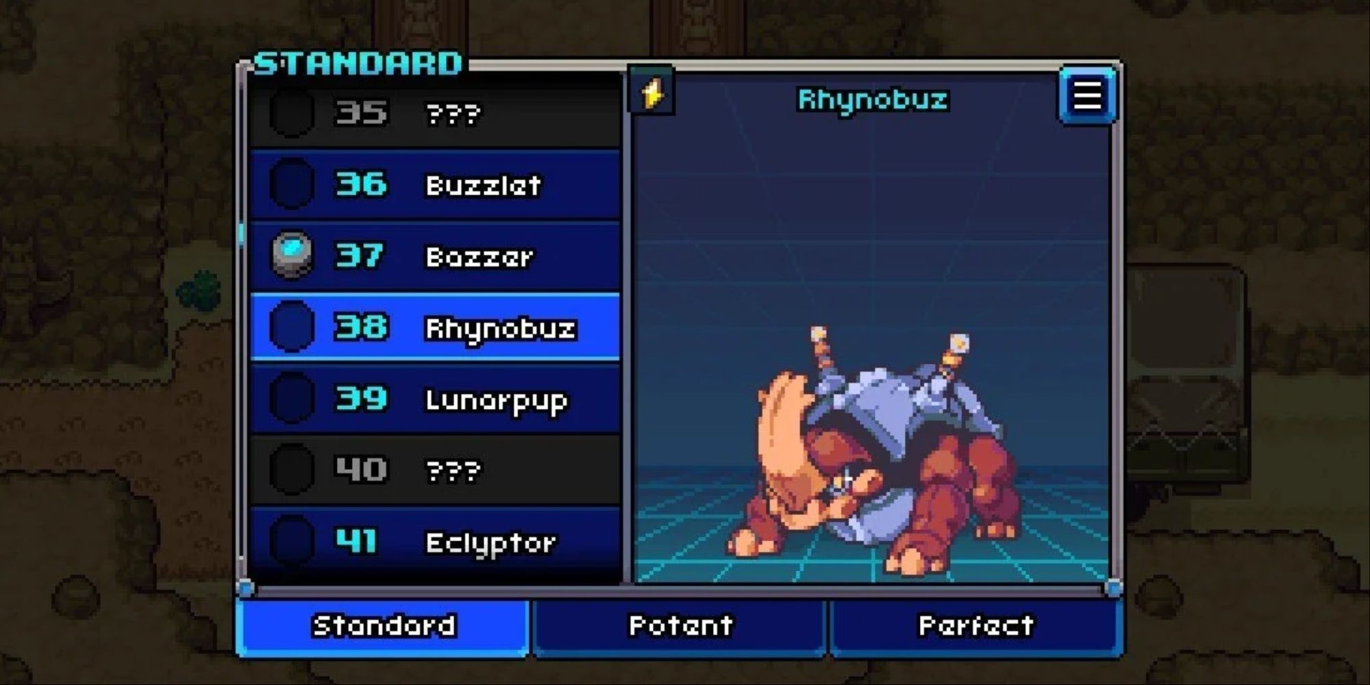 The Rhynobuz Coromon displayed in the in-game database.