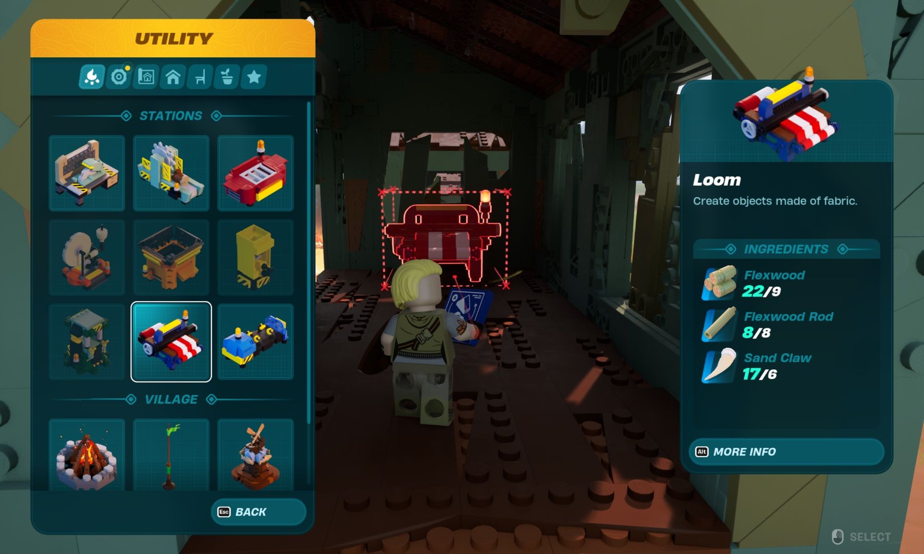 A Loom being built through the Utility menu in Lego Fortnite.