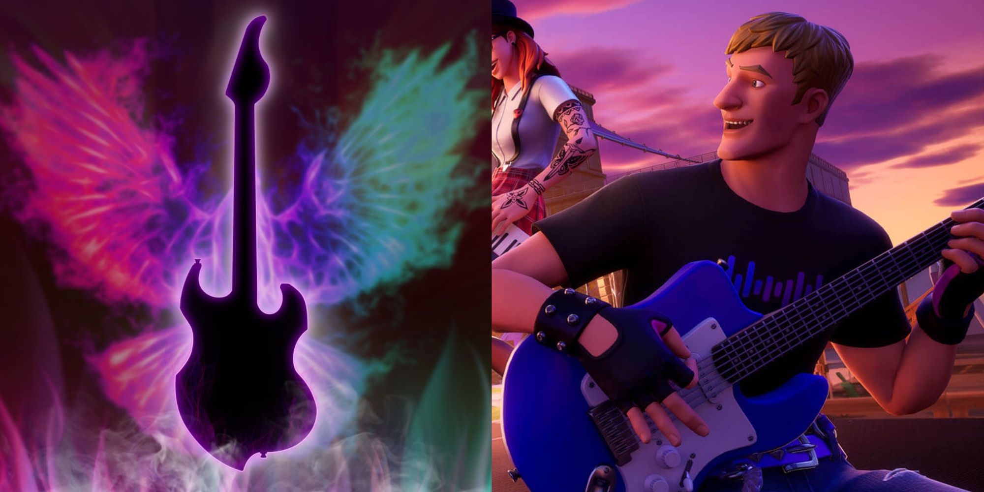 fortnite's jonesy playing a guitar and looking at pdp's guitar controller tease