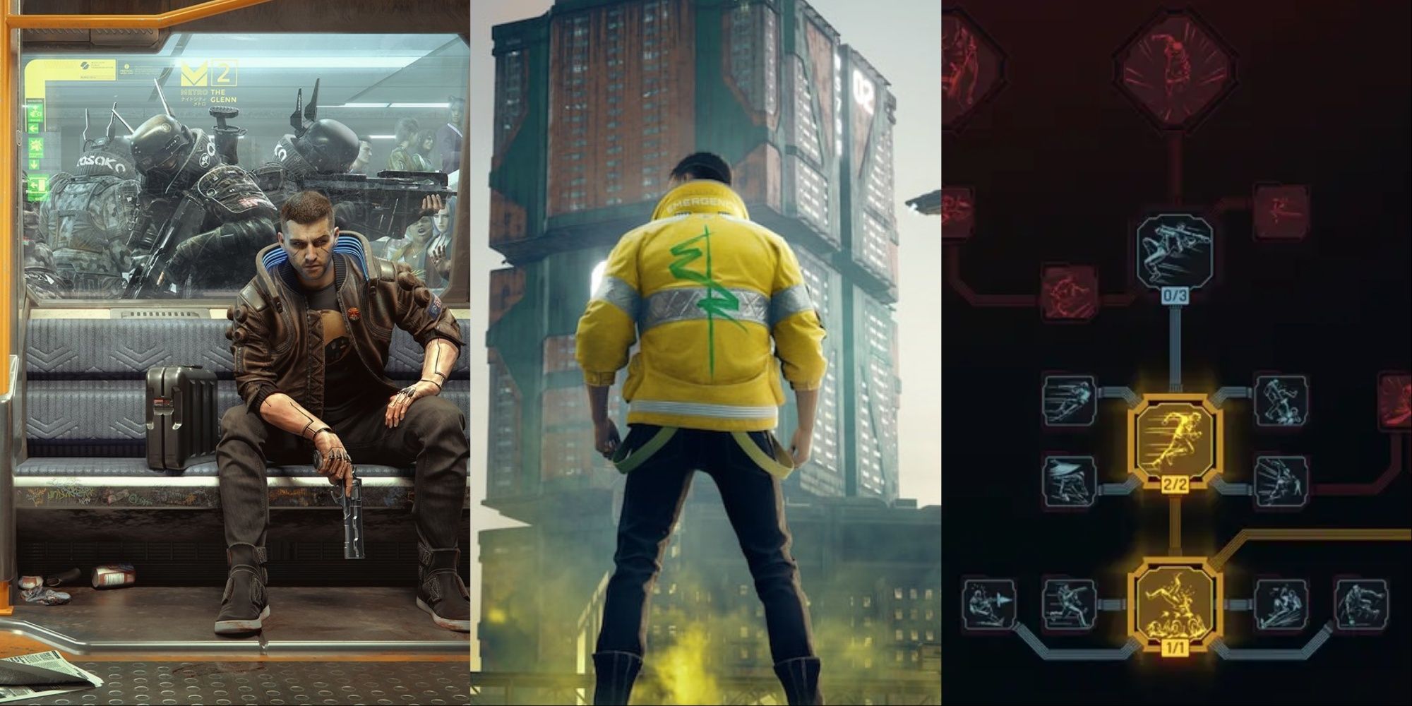 Split image showing male V in a yellow jacket and sitting on the metro and the perk tree menu