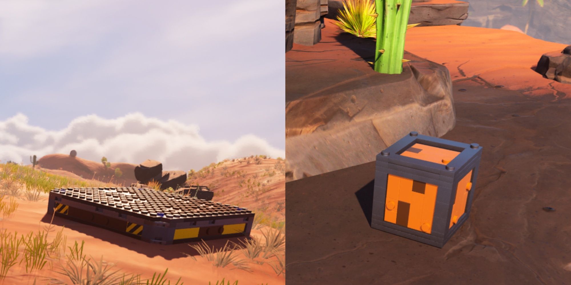 A collage of the Dynamic Foundation and Wooden Crate in Lego Fortnite.