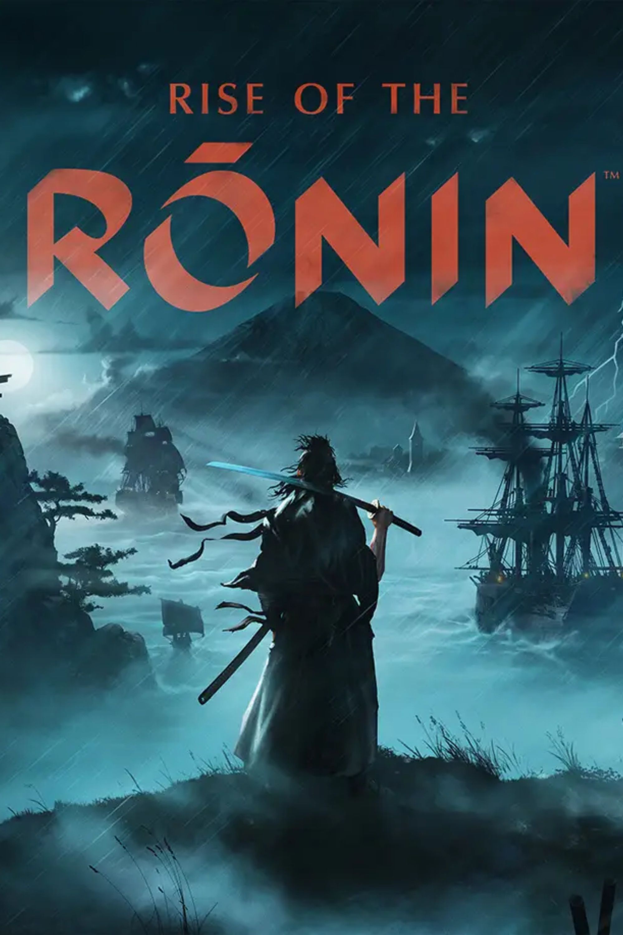 rise of the ronin character holding a sword in the rain under the game's title