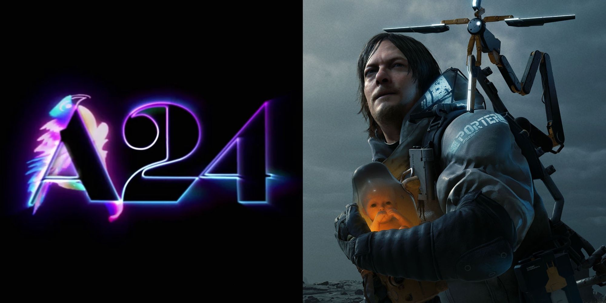 a24 logo and norman reedus holding a baby in death stranding