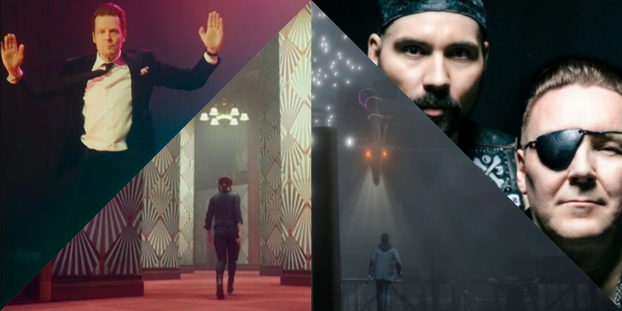 A four-image fragmented triangle pyramid collage of Sam Lake dancing in Alan Wake 2's Herald of Darkness, Jesse entering the Ashtray Maze in Control, Alan Wake before the start of the stage fight musical section, and Poets of the Fall members as Odin and Tor from Old Gods of Asgard.