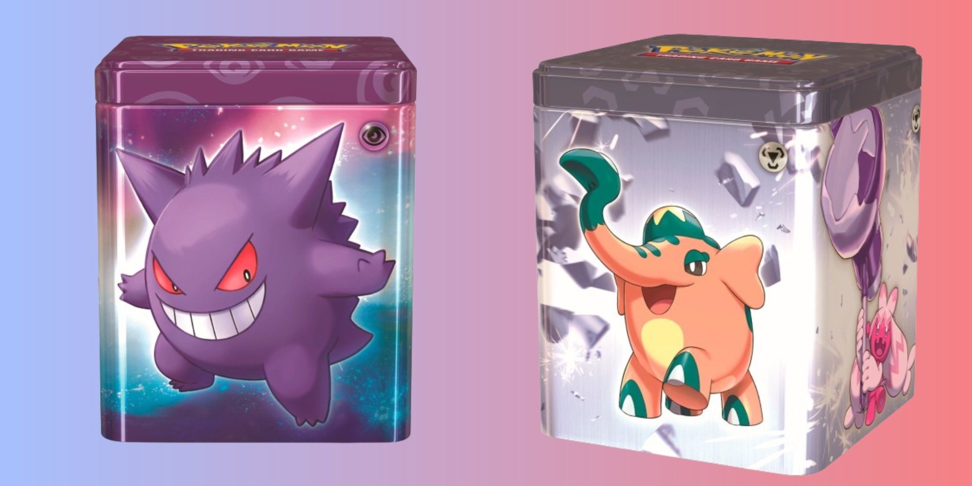 pokemon stacking tins with gengar and cufant on them
