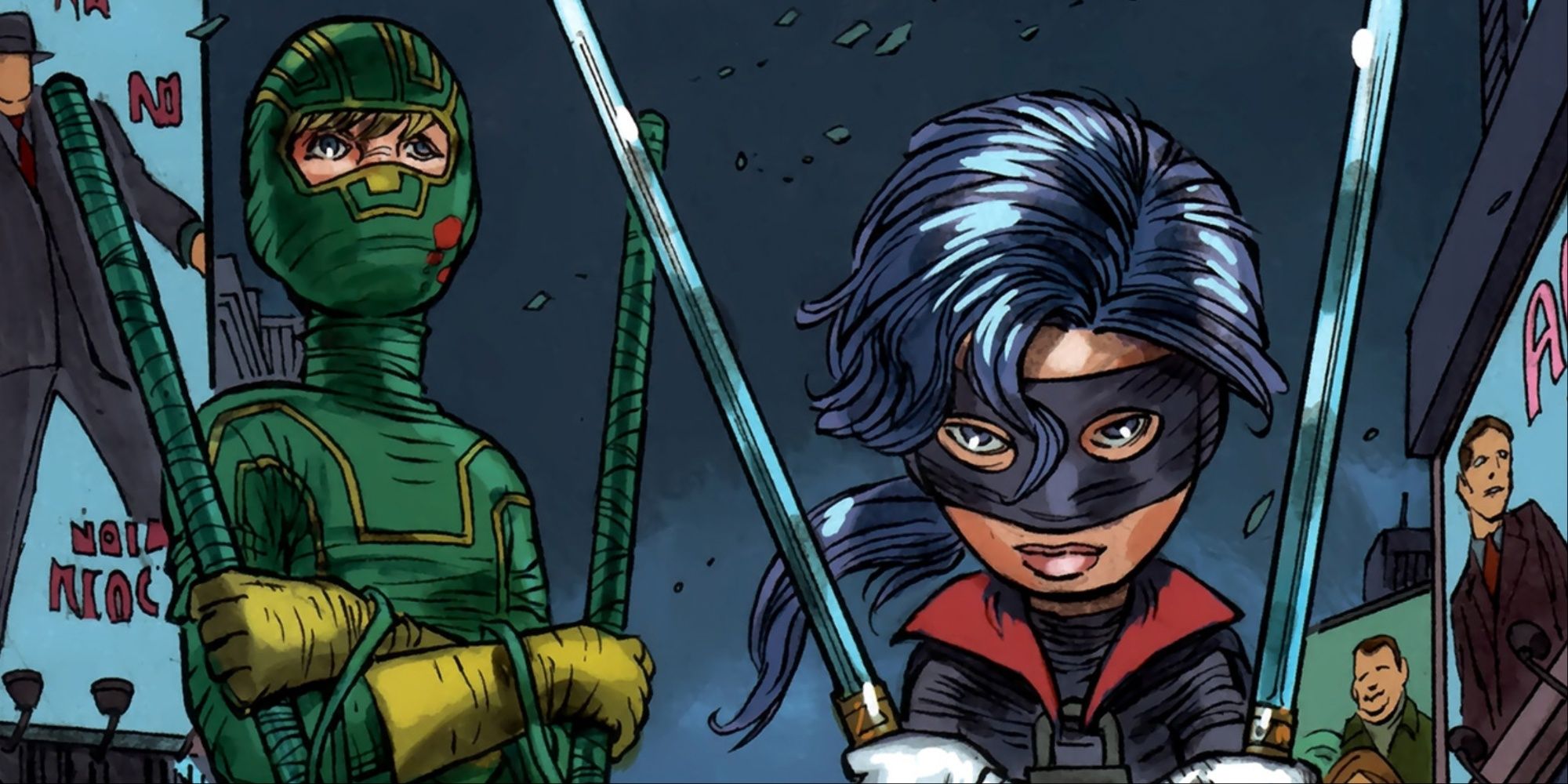 Kick-Ass and Hit Girl get ready for a fight.