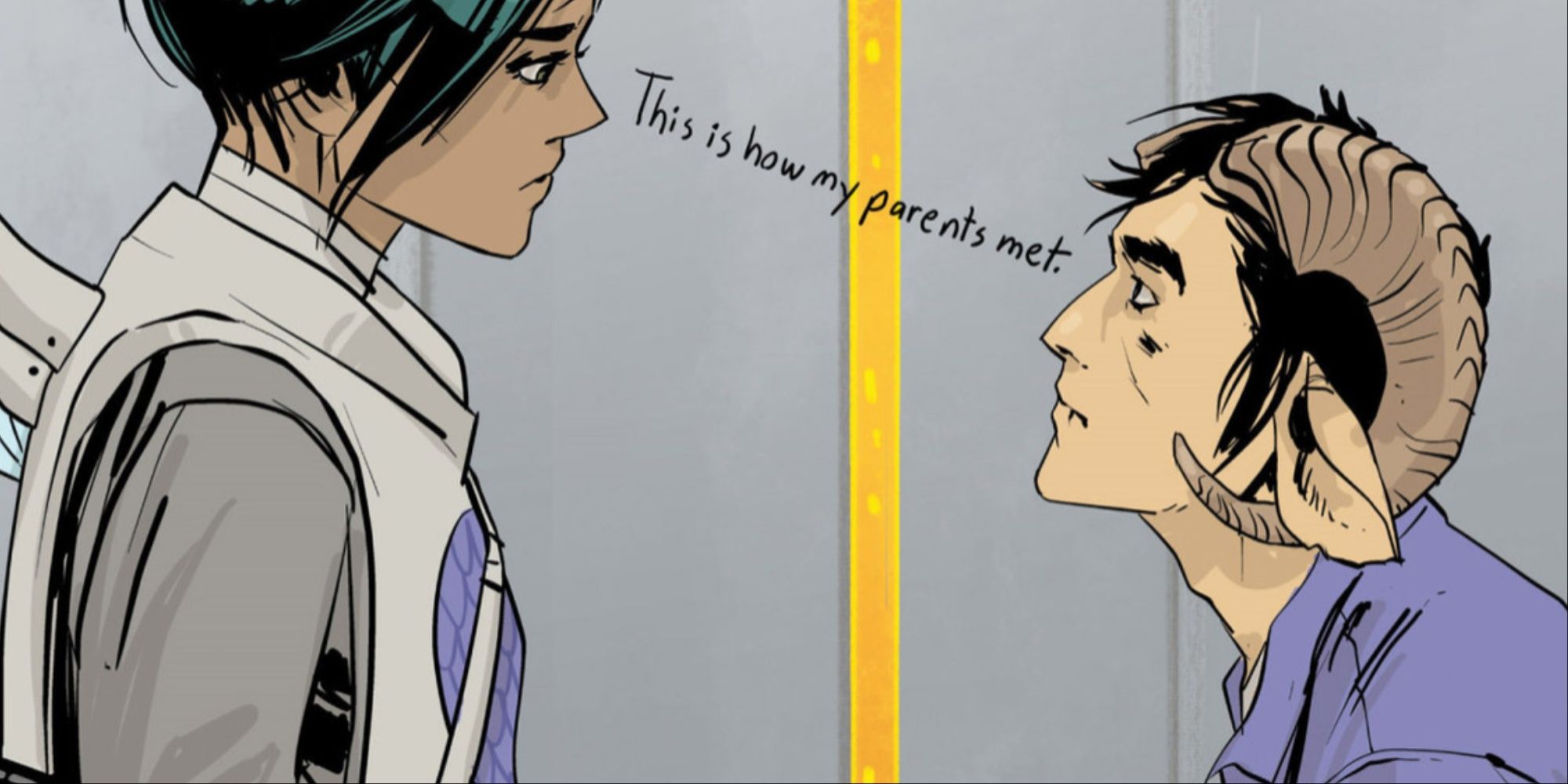 The main characters of Saga meeting for the first time. Two different alien species gaze at each other.