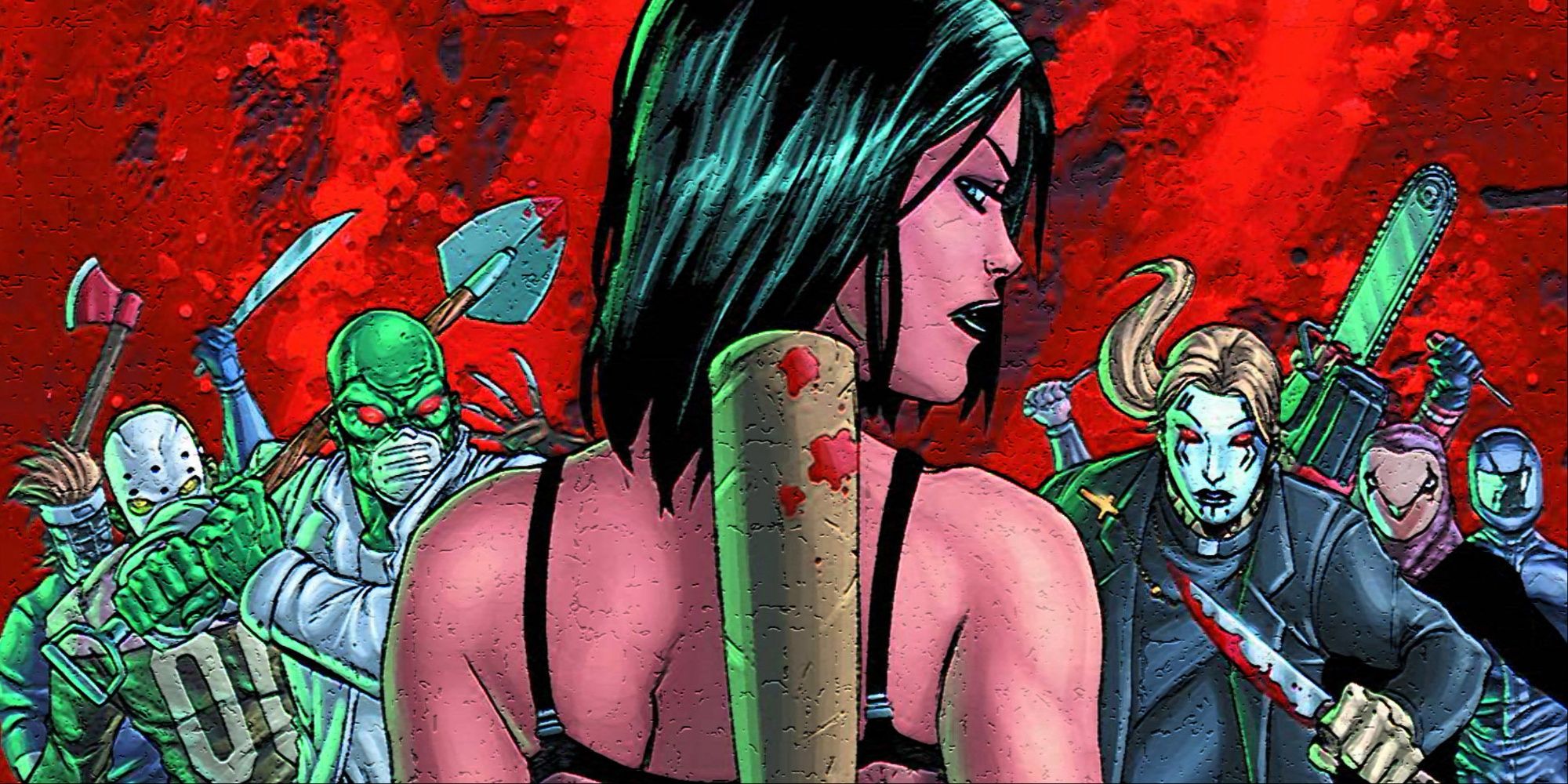 Cassie Hack standing in front of a cast of Slashers from the Hack/Slash comic.