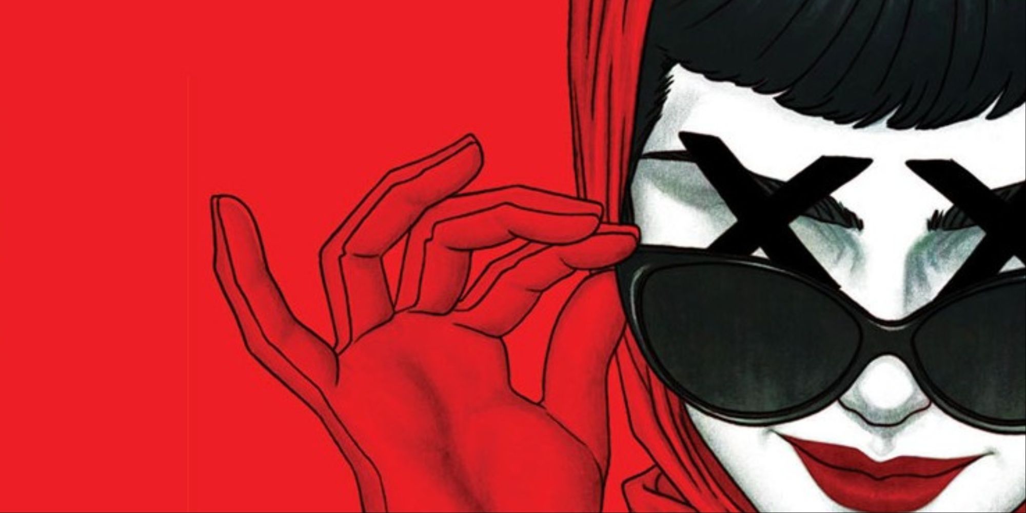 The Woman In The Red Dress, from Department Of Truth, Image Comics. A sytlishly dressed woman in red with black X's over her eyes.