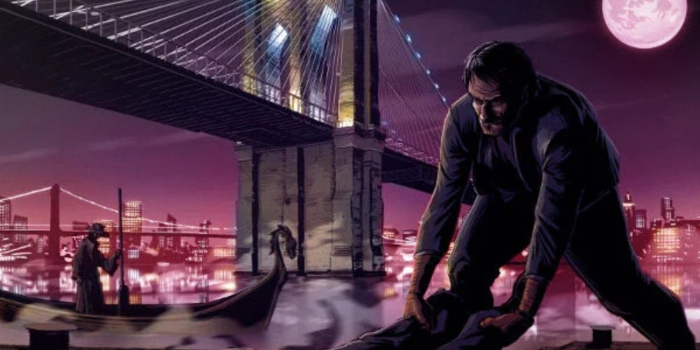 Ein Mann schleppt eine Leiche zum Fluss, wo Charon der Fährmann unter der Brooklyn Bridge wartet.