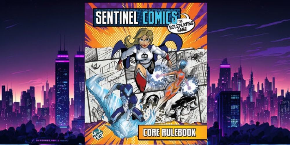 Das Kernregelwerk „The Sentinel Comics: The Roleplaying Game“ vor dem Hintergrund der Skyline einer Stadt.