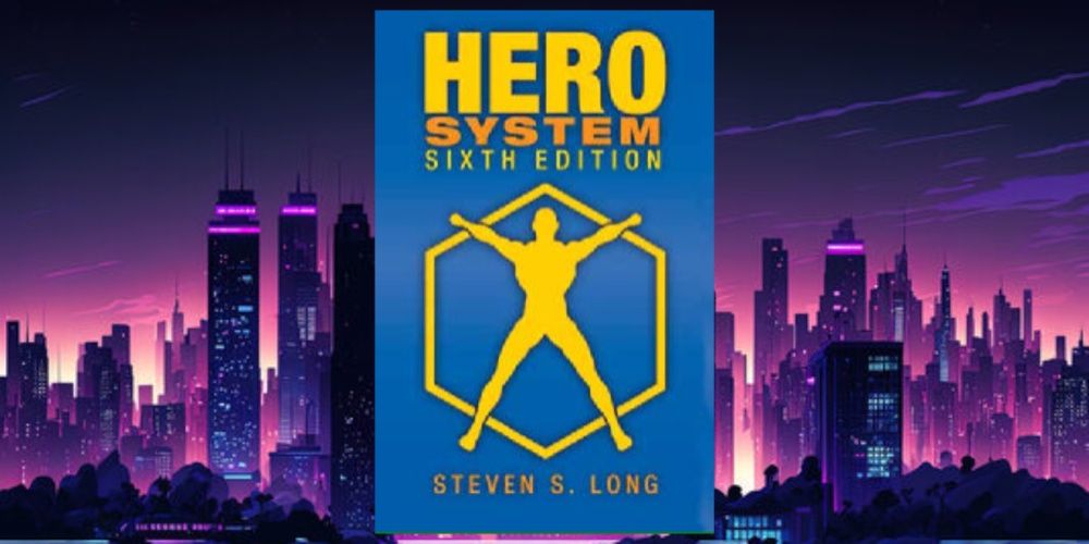 Das HERO System Sixth Edition-Cover vor dem Hintergrund einer Stadthimmelslandschaft.