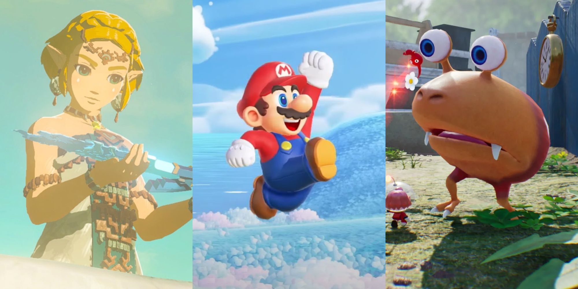 Zelda blickt auf das Meisterschwert, Mario springt verwundert auf und ein Bulborb in Pikmin 4