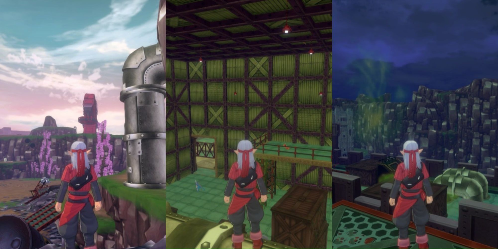 Geteiltes Bild mit Psaro, der auf ein Gebiet im unteren Echelon blickt, Psaro in einem grünen Fabrikgebäude im mittleren Echelon und Psaro auf einer Mauer im oberen Echelon des Zirkels der Stärke in Dragon Quest Monsters: The Dark Prince.