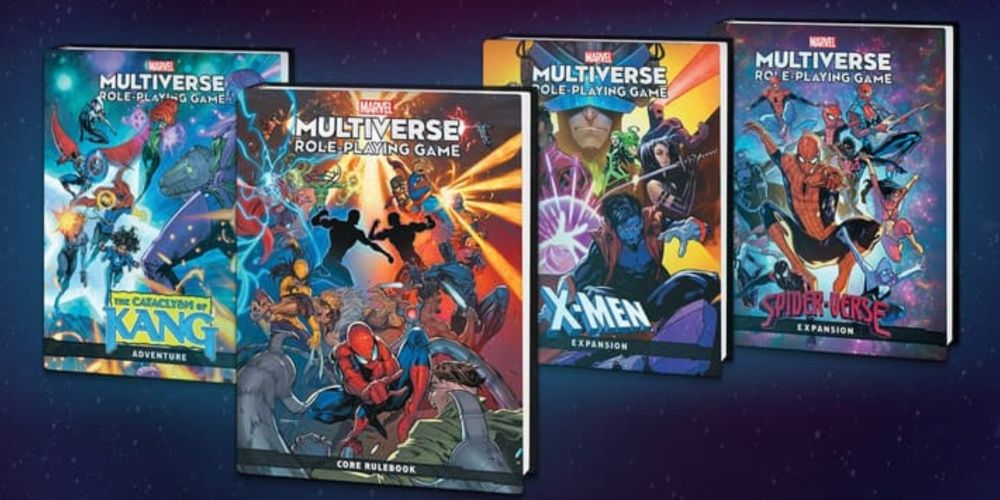 Regelbücher für das Marvel-Multiversum-Rollenspiel vor einem sternenklaren Hintergrund ausgestellt.