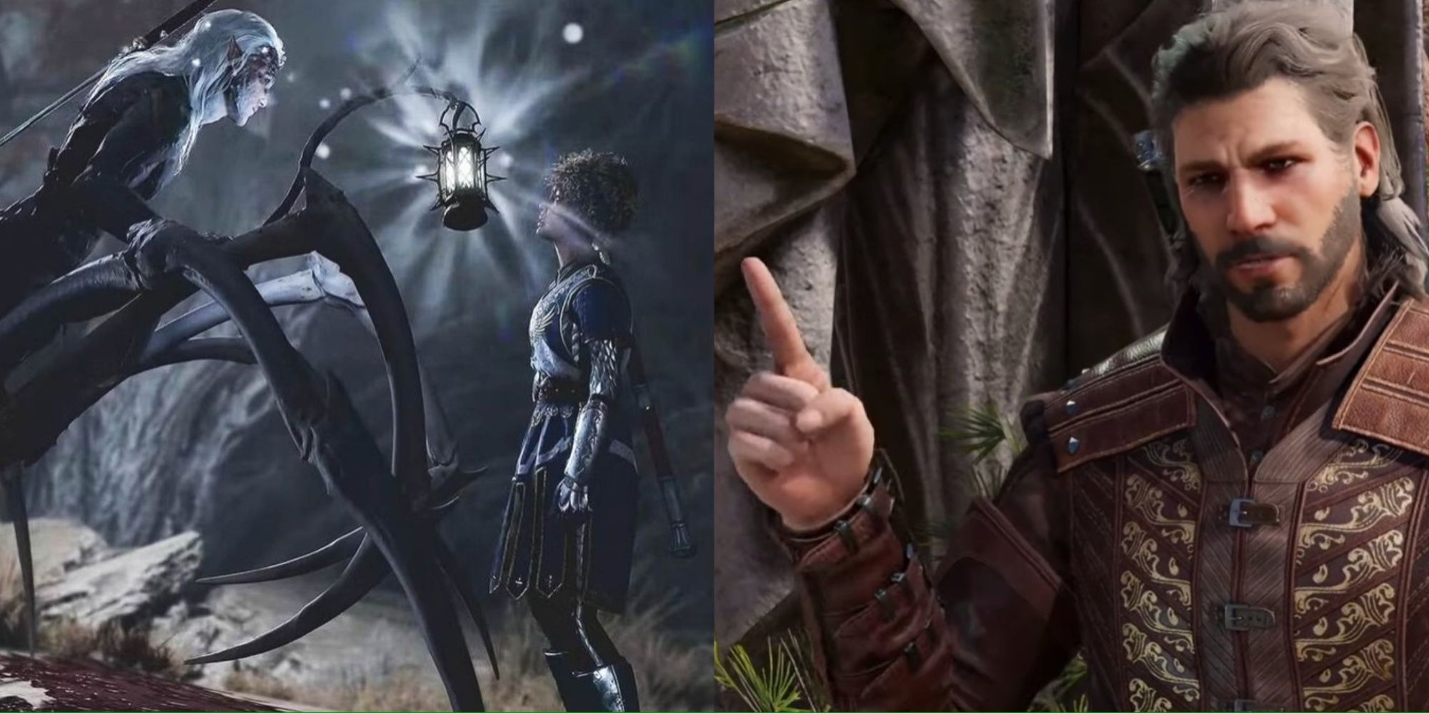 Split image showing gale holding up a finger and a drider looking down on a custom character in baldur's gate 3 