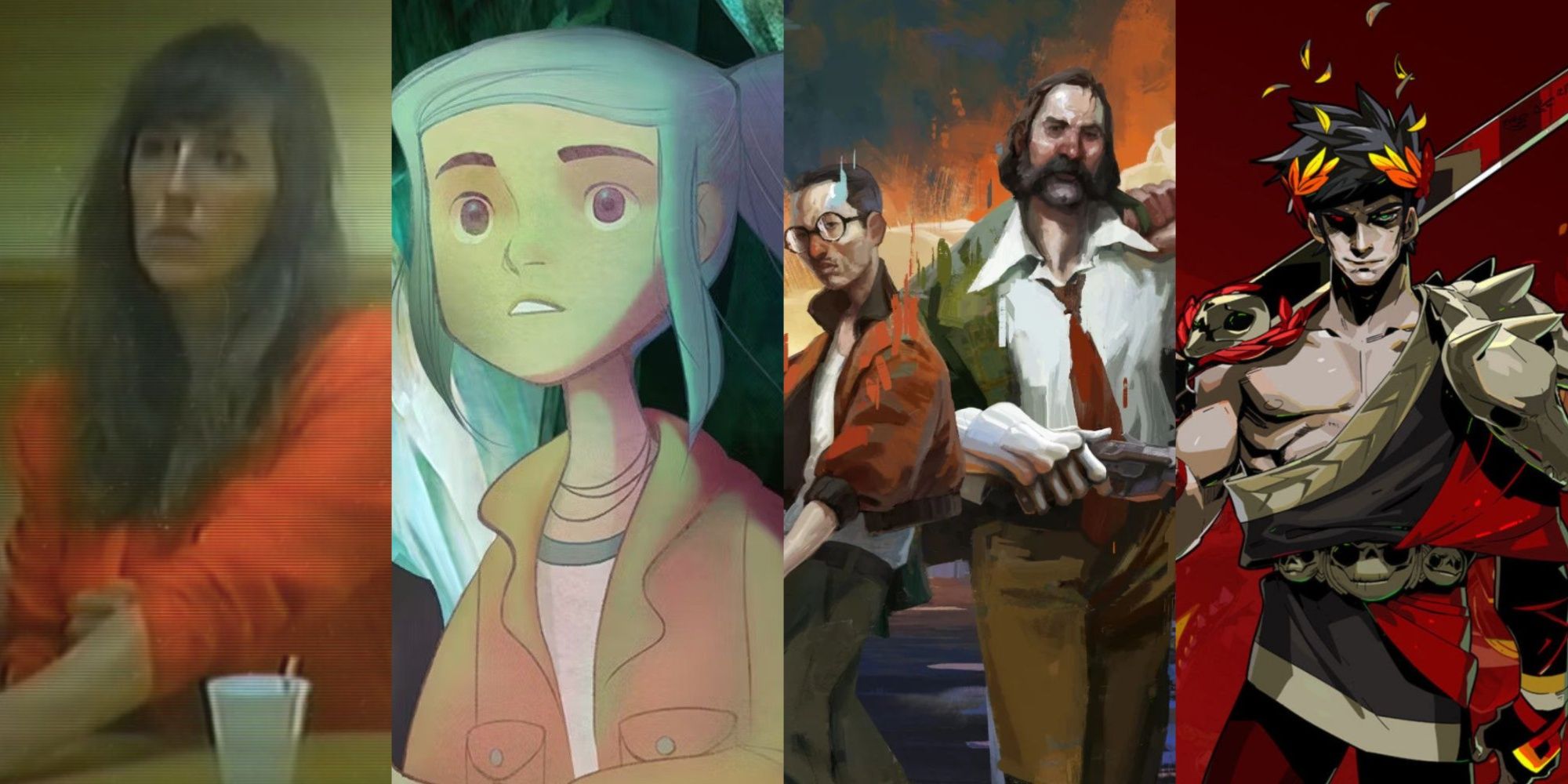Four-image collage of the main protagonists from Her Story, Oxenfree, Disco Elysium, and Hades.