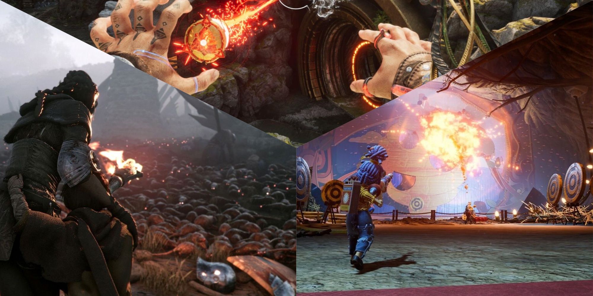 Three-image geometric pattern collage of Amicia and Hugo fending off rats in A Plague Tale: Innocence, Jak in Immortals of Aveum using red magic, and May solving a puzzle in It Takes Two.