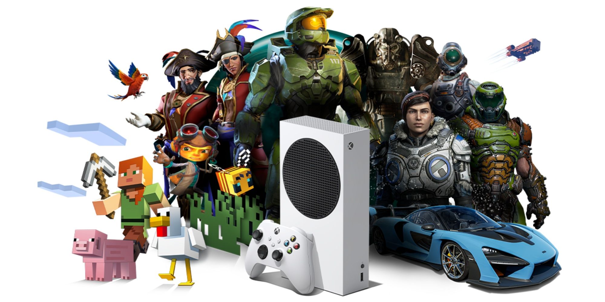 an xbox series s surrounded by characters and elements owned by Xbox