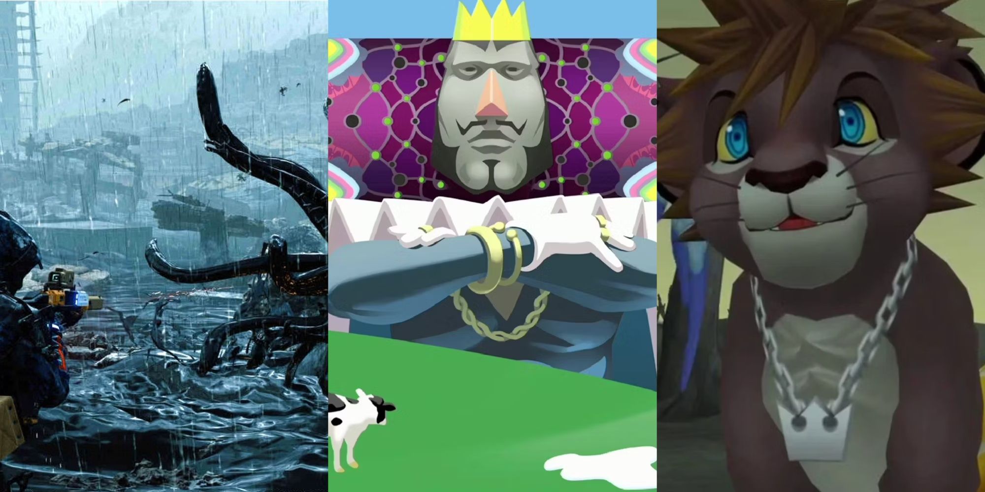 Split image Sam Porter shooting a BT in Death Stranding, the King of all Cosmos in Katamari, and Sora as a lion in Kingdom Hearts 2