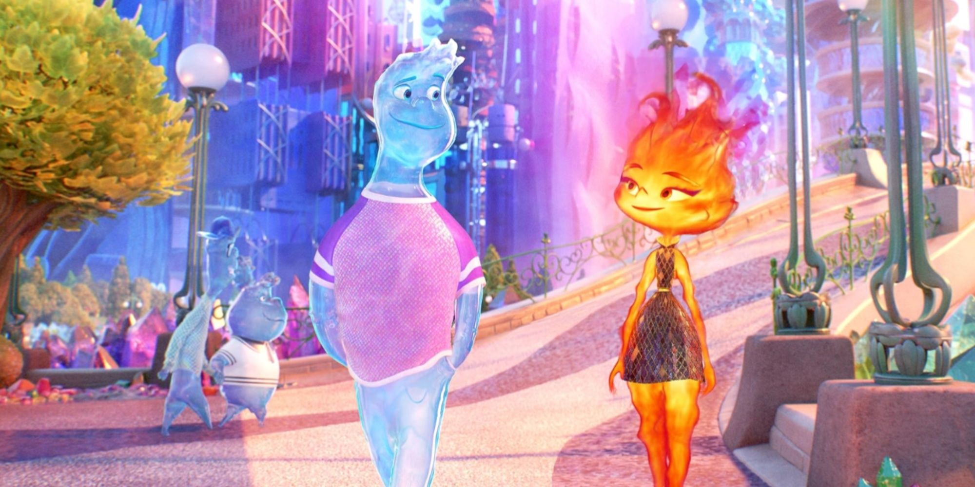 Wade and Ember looking at each other as they walk along a path in the vibrant Element City, with more water element characters behind them.