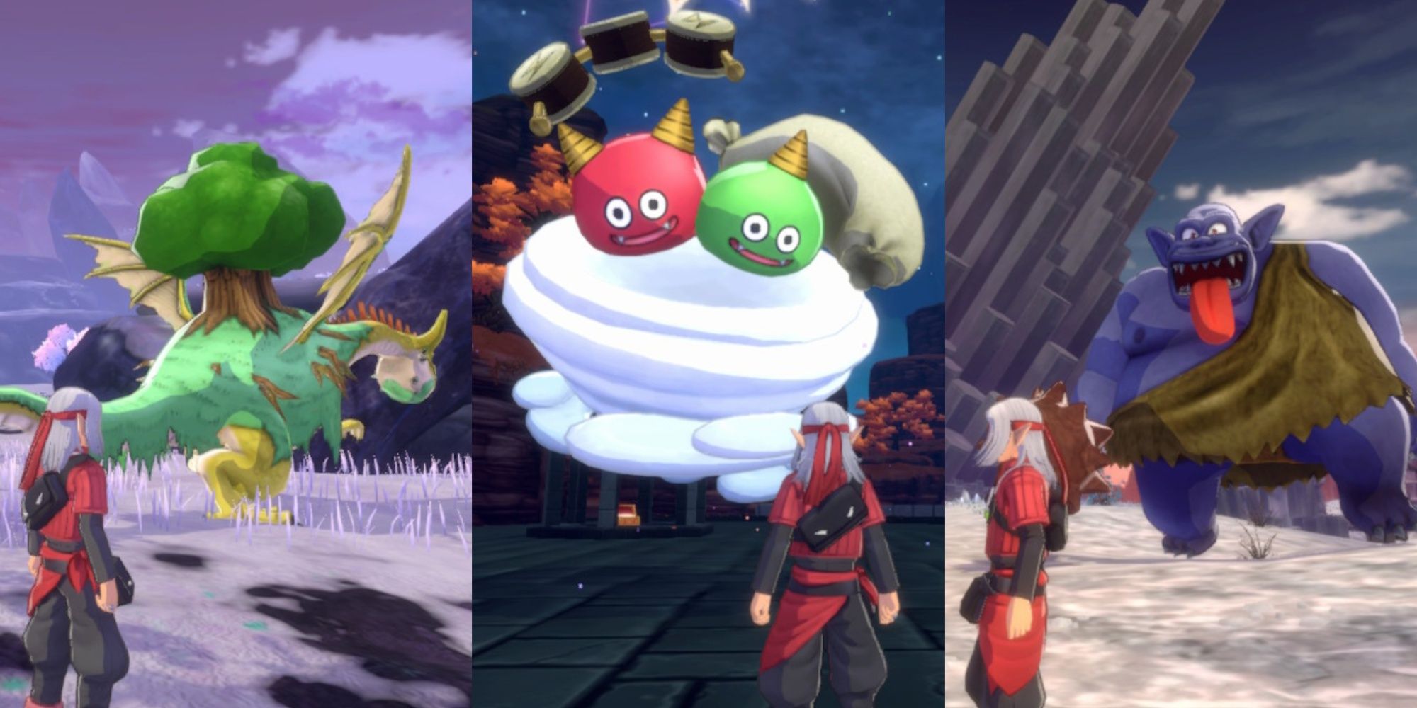 Split image featuring Psaro watching a Lumbering Lizard walk, a Goomulonimbus approaching Psaro, and a Stout Troll looking at Psaro in Dragon Quest Monsters: The Dark Prince.